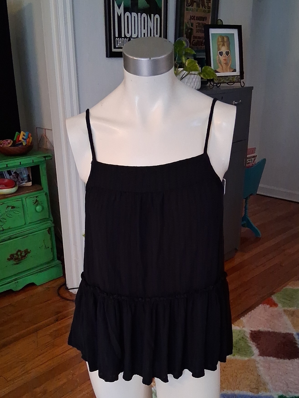 American Eagle Outfitters Black Ruffle-Hem Spaghetti Strap Camisole